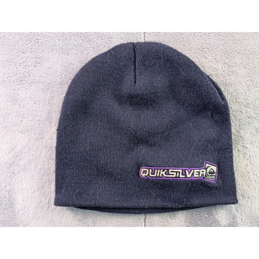 Quiksilver Mens Navy Blue Knit Beanie Hat Embroidered Logo One Size RN 114199
